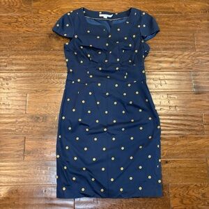Boden Cap Sleeve Navy Gold Polka Dots Short Dress Sheath Career Womens 6P